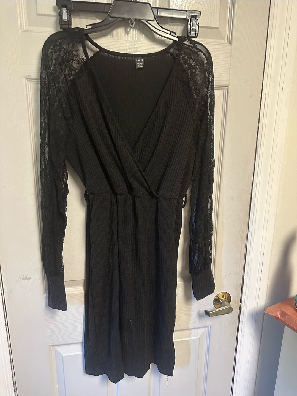 SHEIN Black Lace Long-Sleeve Ribbed Wrap Dress